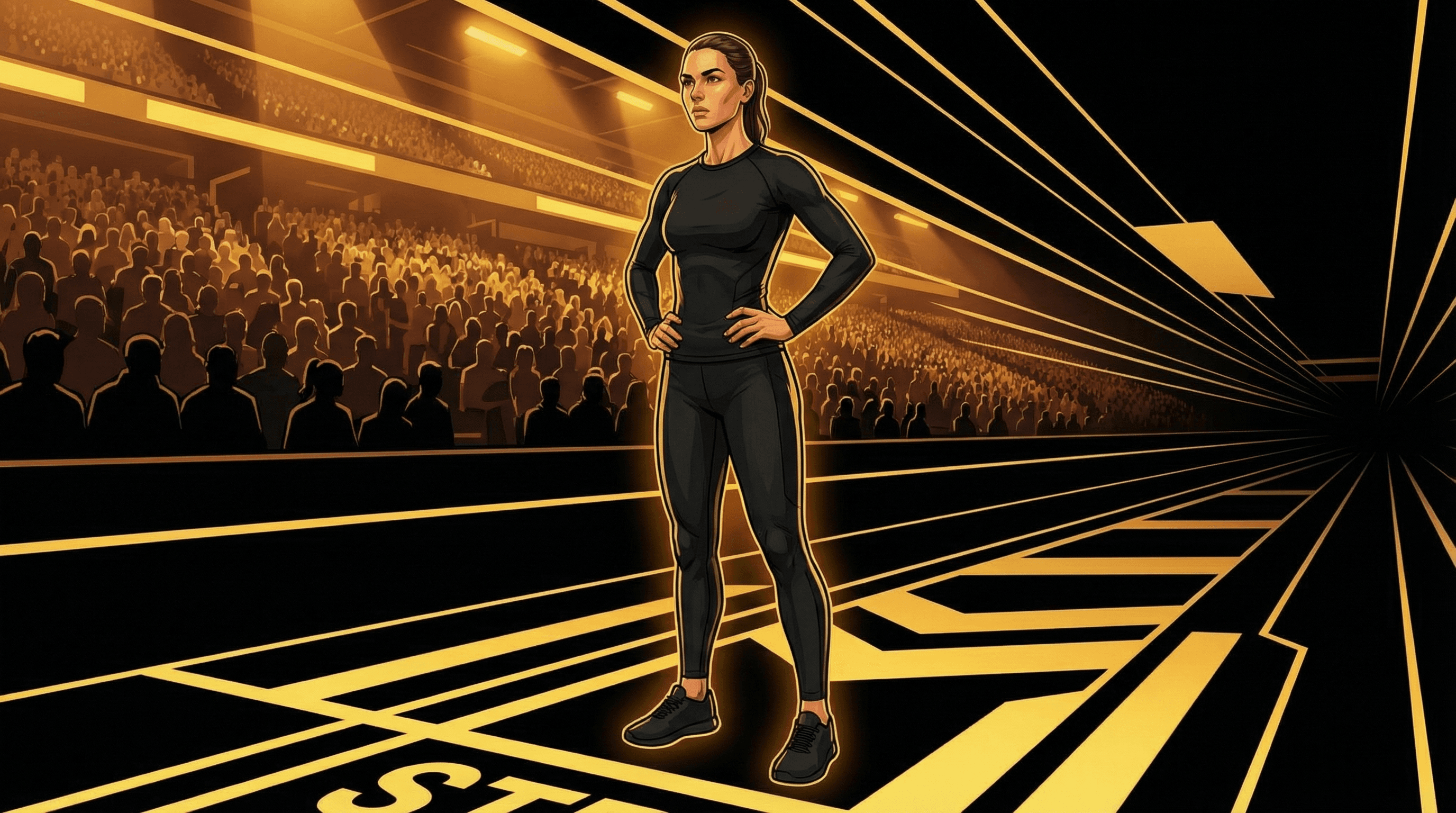 Female athlete at start line in golden-lit indoor arena with crowd silhouettes, confident hands-on-hips stance before race start