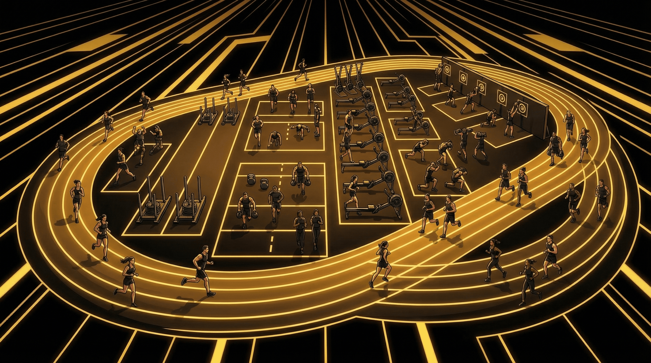 Overhead view of rectangular HYROX arena layout with running track wrapping around gridded station zones, athletes competing throughout