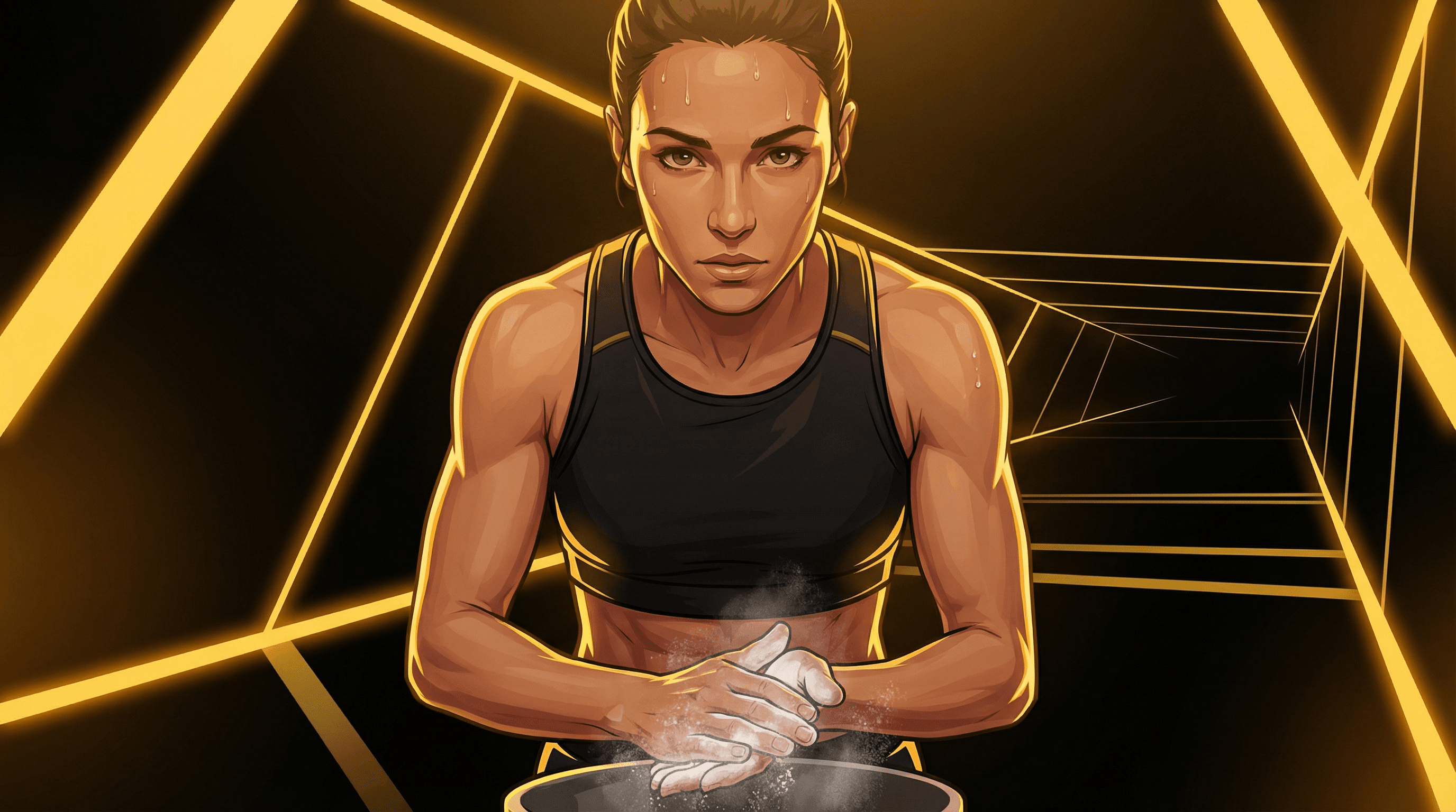 Close-up of female athlete chalking hands over chalk bucket, intense focused gaze with sweat on forehead, golden hexagonal lighting behind