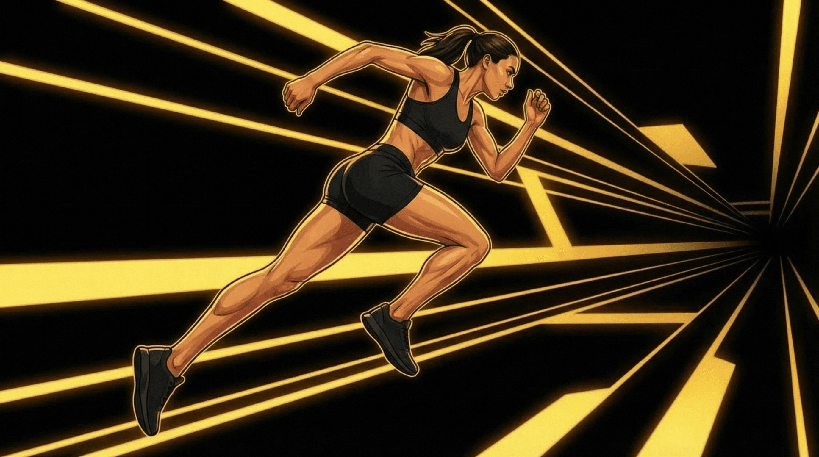 Female athlete in full sprint stride with ponytail flowing, powerful mid-flight running form and golden perspective lines