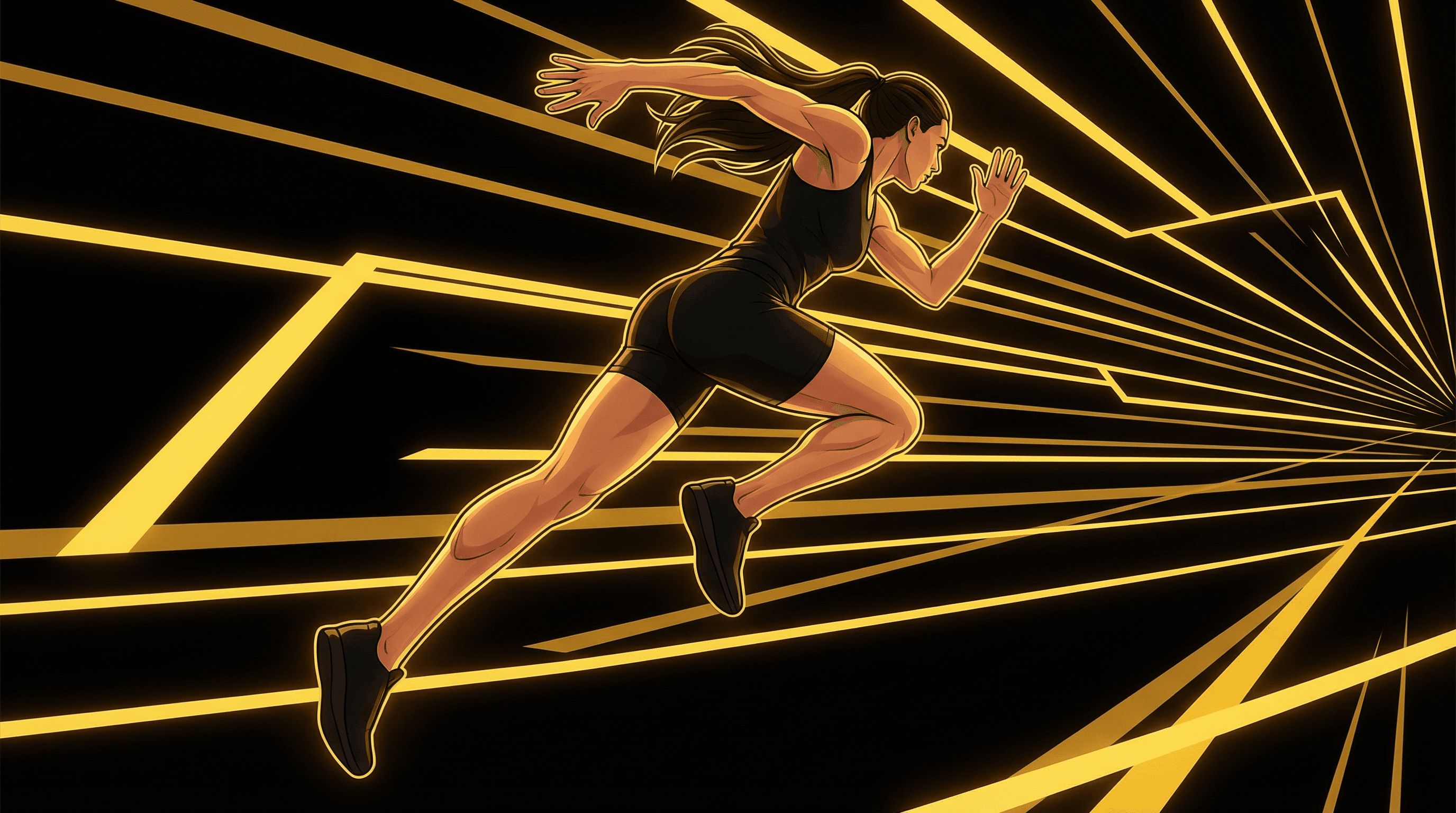 Female athlete sprinting with explosive forward drive, hair streaming behind, surrounded by angular golden neon geometry