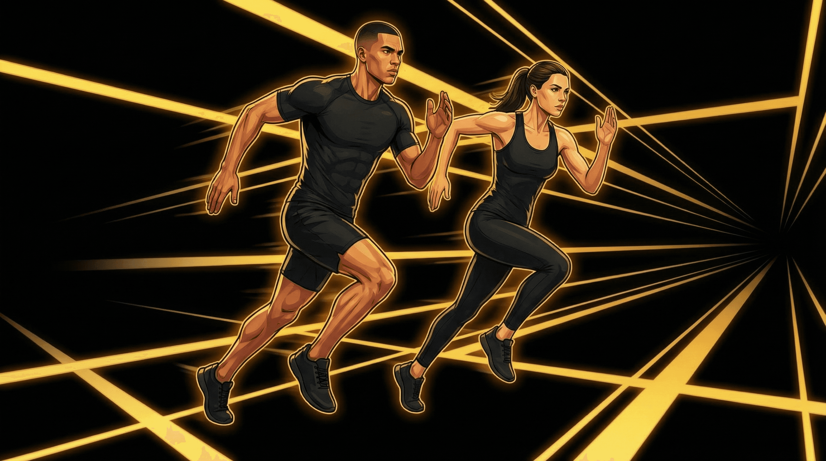 Male and female athletes sprinting side by side in HYROX doubles formation, synchronized stride with golden neon rays behind