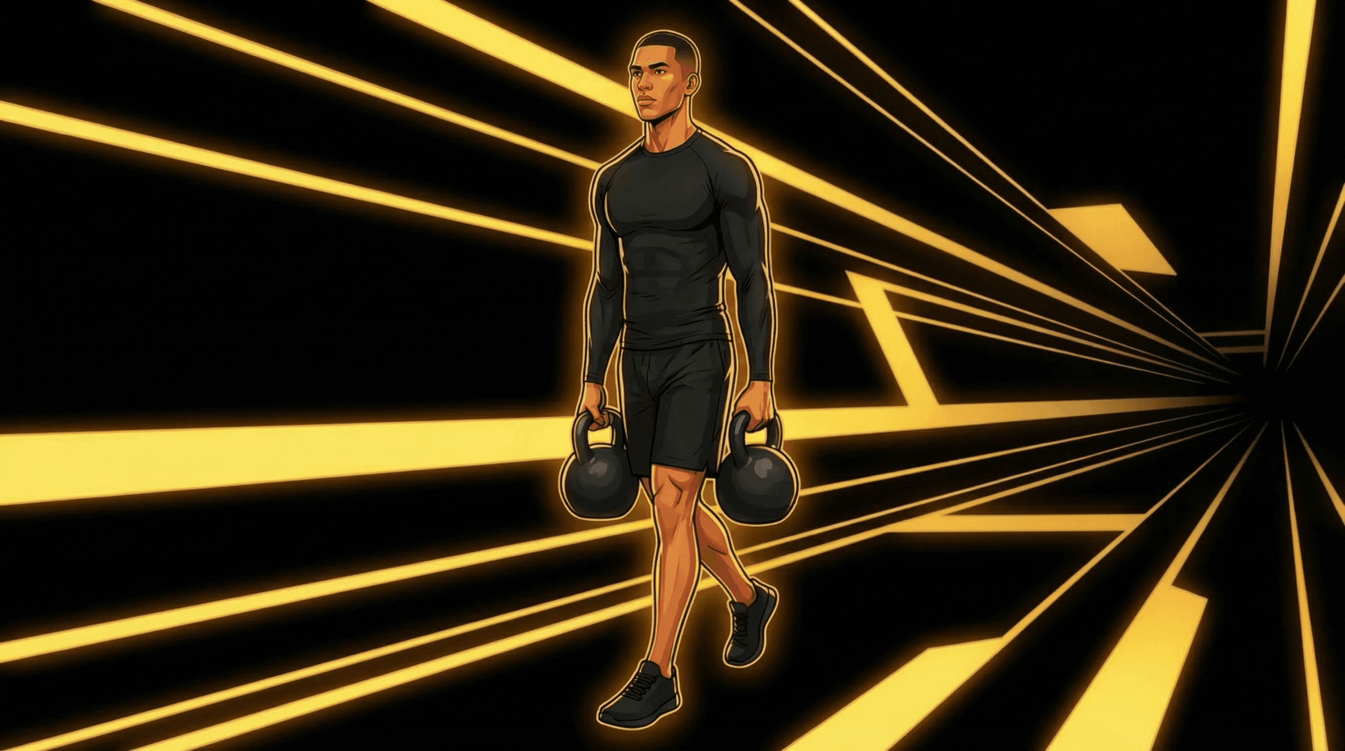 Male athlete walking forward carrying heavy kettlebells at his sides, upright posture with golden light beams from behind