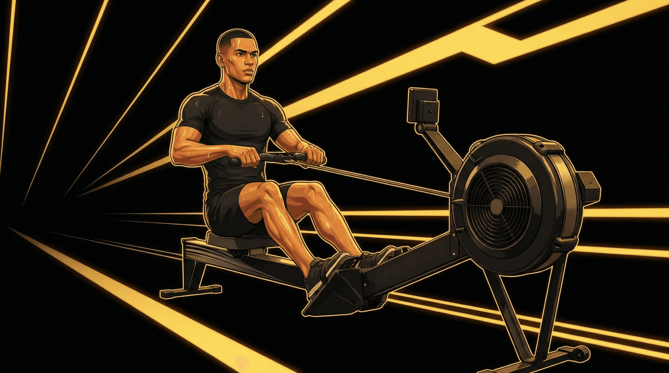 Male athlete on rowing ergometer mid-stroke, strong pull position with legs locked out and handle at sternum