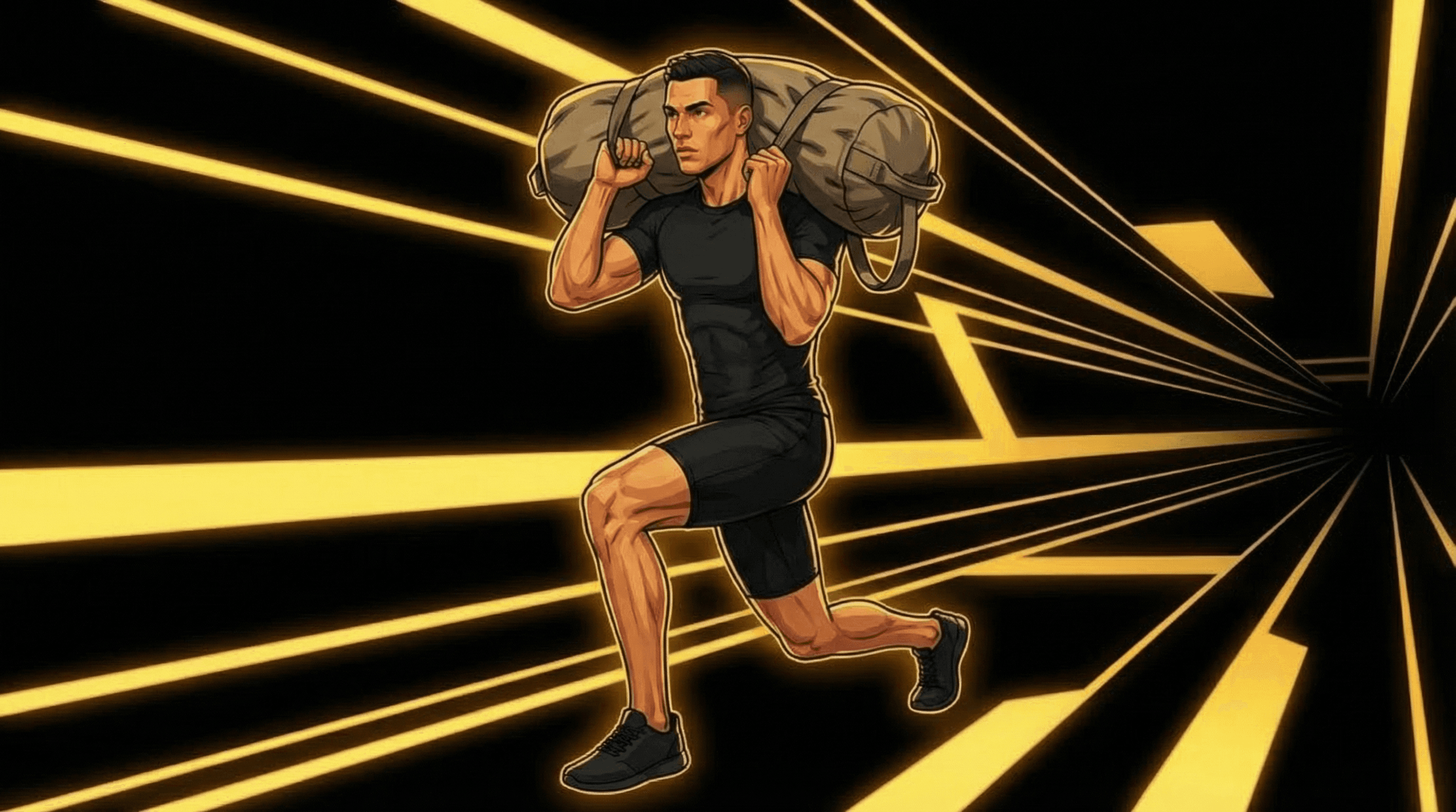 Male athlete in deep lunge position with heavy sandbag across both shoulders, golden rays streaming from behind