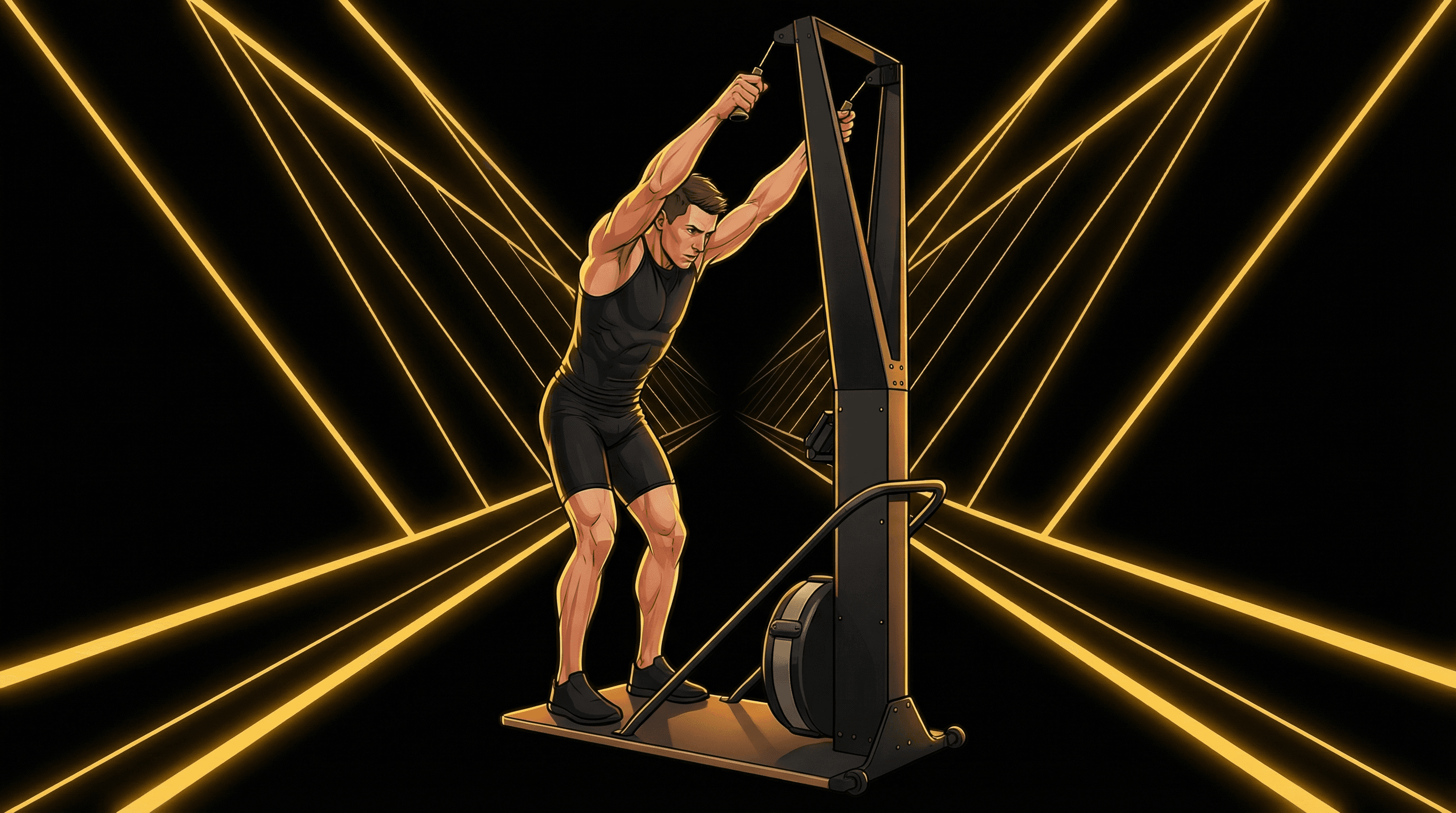 Muscular male athlete powering through SkiErg pulls with visible arm definition, gold neon rays radiating behind