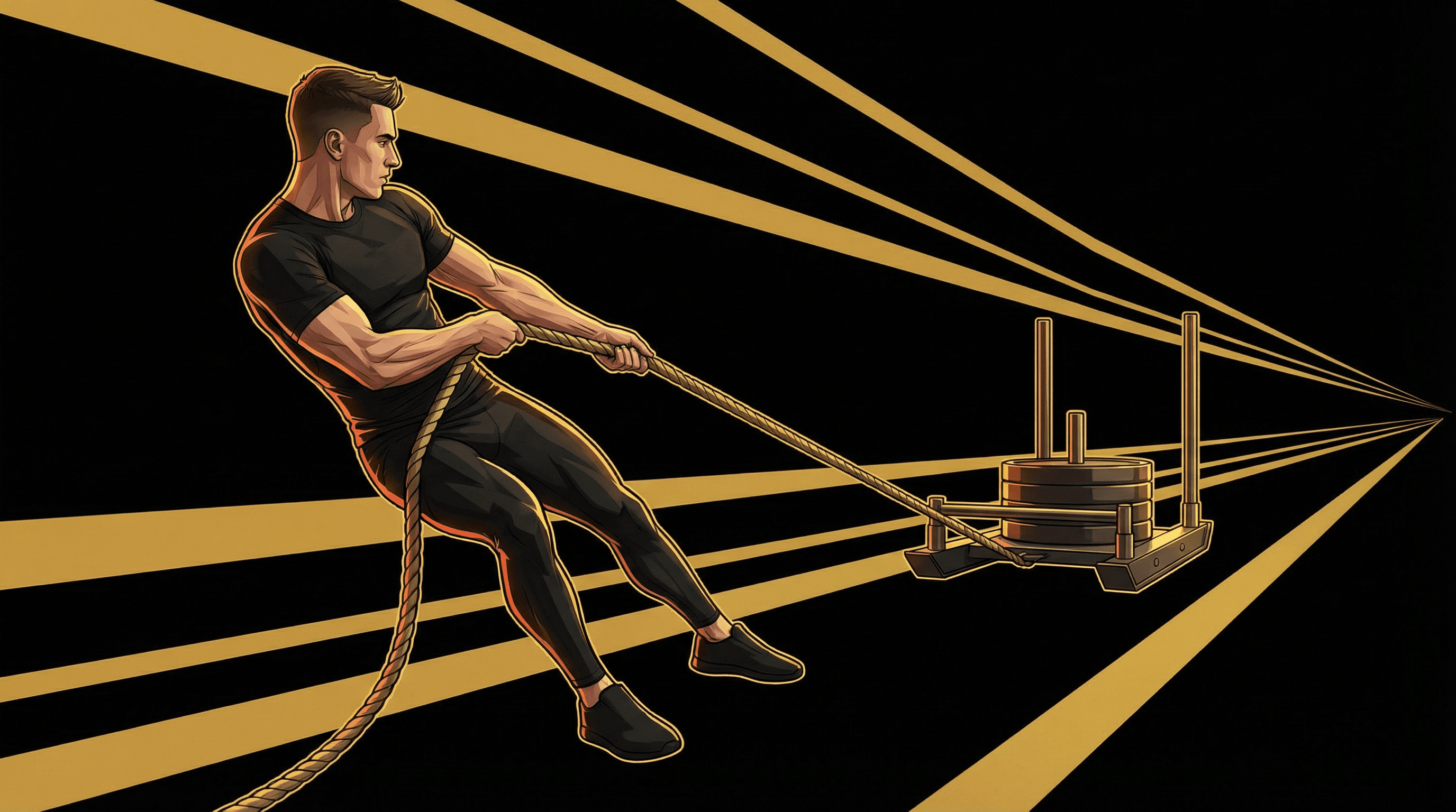Male athlete pulling weighted sled with thick rope in athletic leaning-back stance, sled visible in background with golden rays