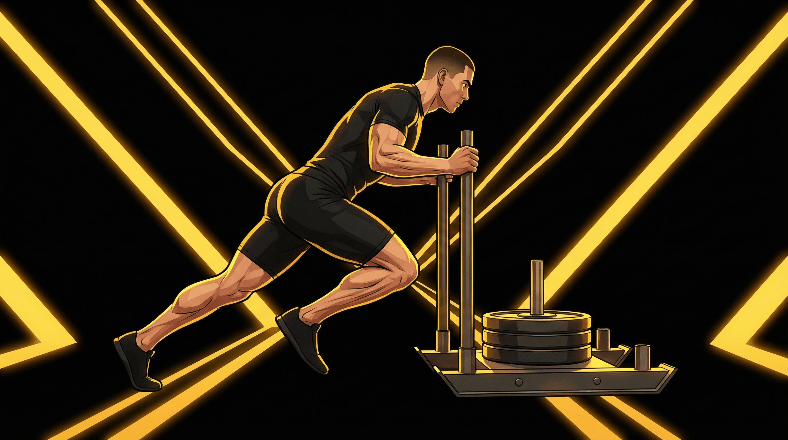 Male athlete driving a weighted sled forward with low body position, legs fully extended in powerful pushing stance